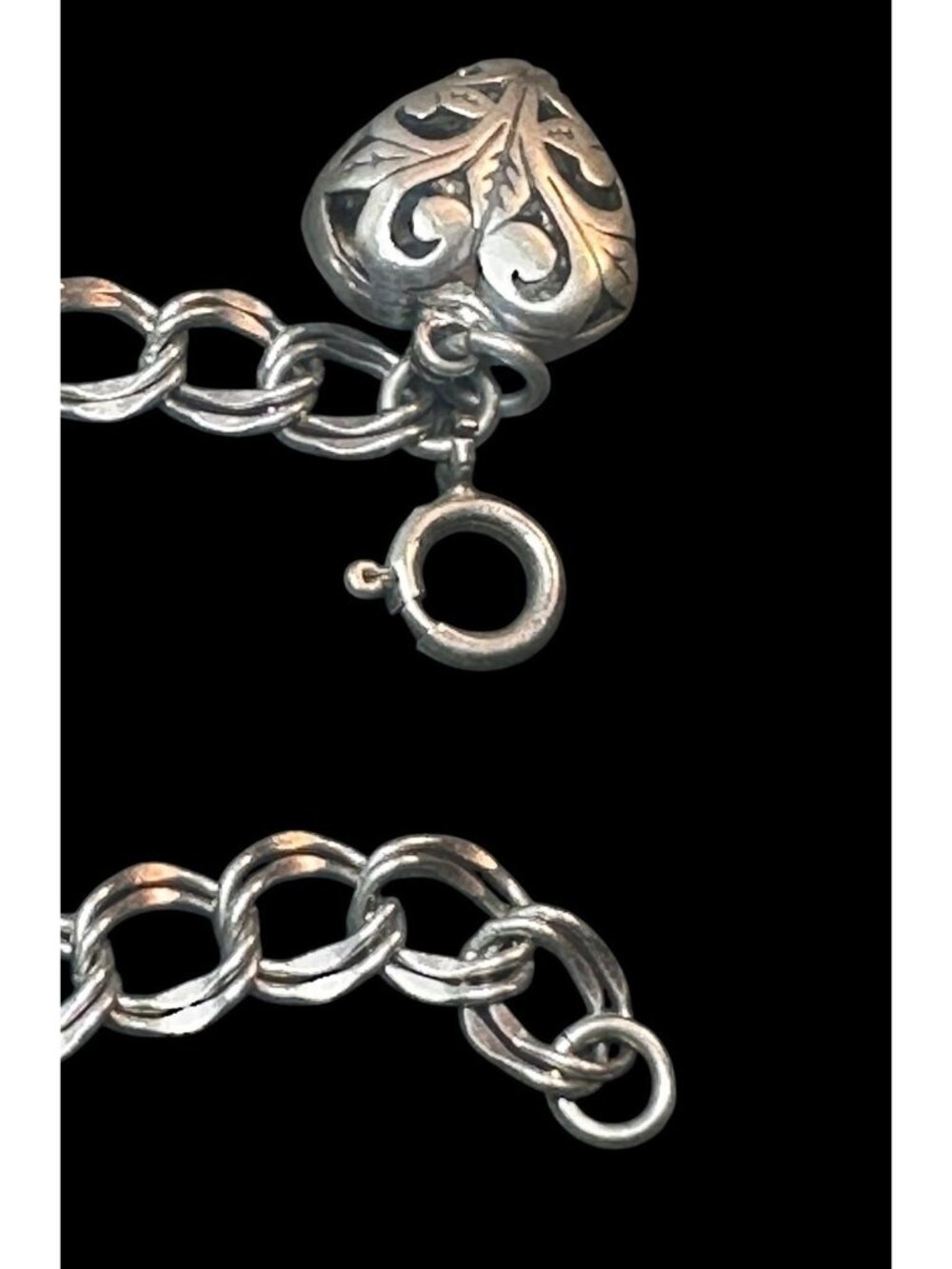 Vintage 925 Sterling Silver Double Curb Link Charm Bracelet Puffy Heart - Picture 3 of 7